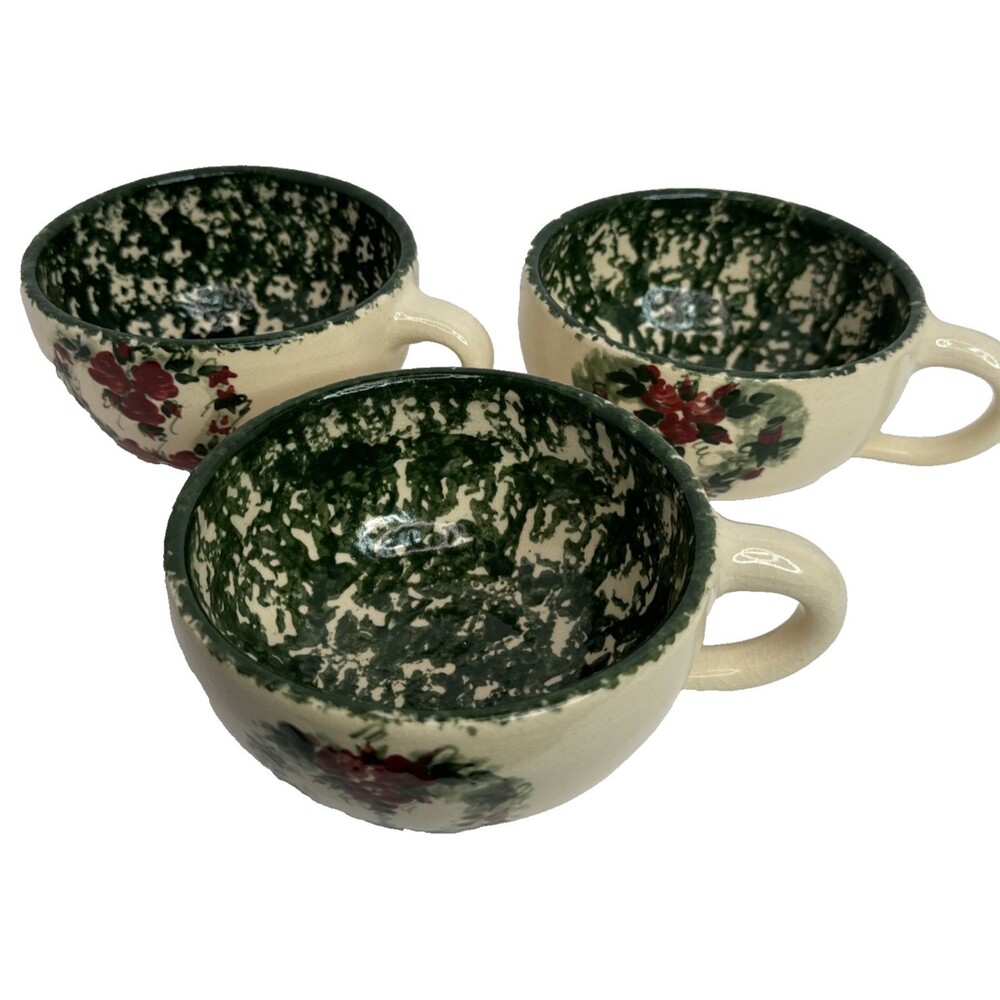 Art Pottery Soup Bowls Green Sponge Ware Painted Floral Design Set of 3 VTG